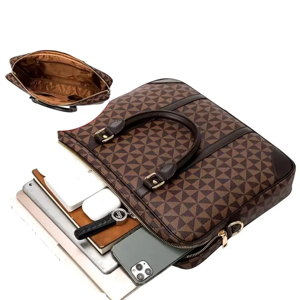 Brown Geometric Print Laptop Bag Briefcase Travel Work Bag Designer Inspired